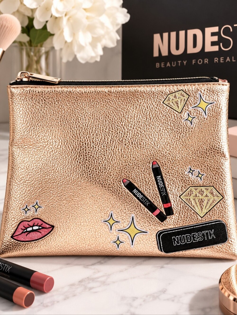NUDESTIX Metallic Rose Gold Makeup Cosmetic Bag Clutch NWOT